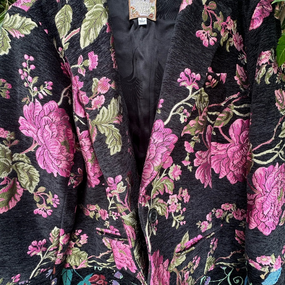 Johnny Was Black and Pink Jacquard Floral Blazer
